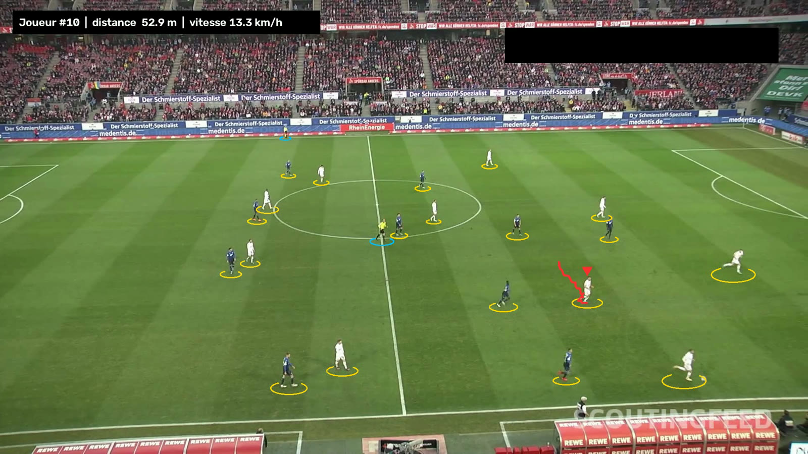 Image du match annotée par l'algorithme : les 22 joueurs entourés en jaune, l'arbitre en bleu, la trajectoire du joueur n°10 en rouge, avec distance et vitesse affichées